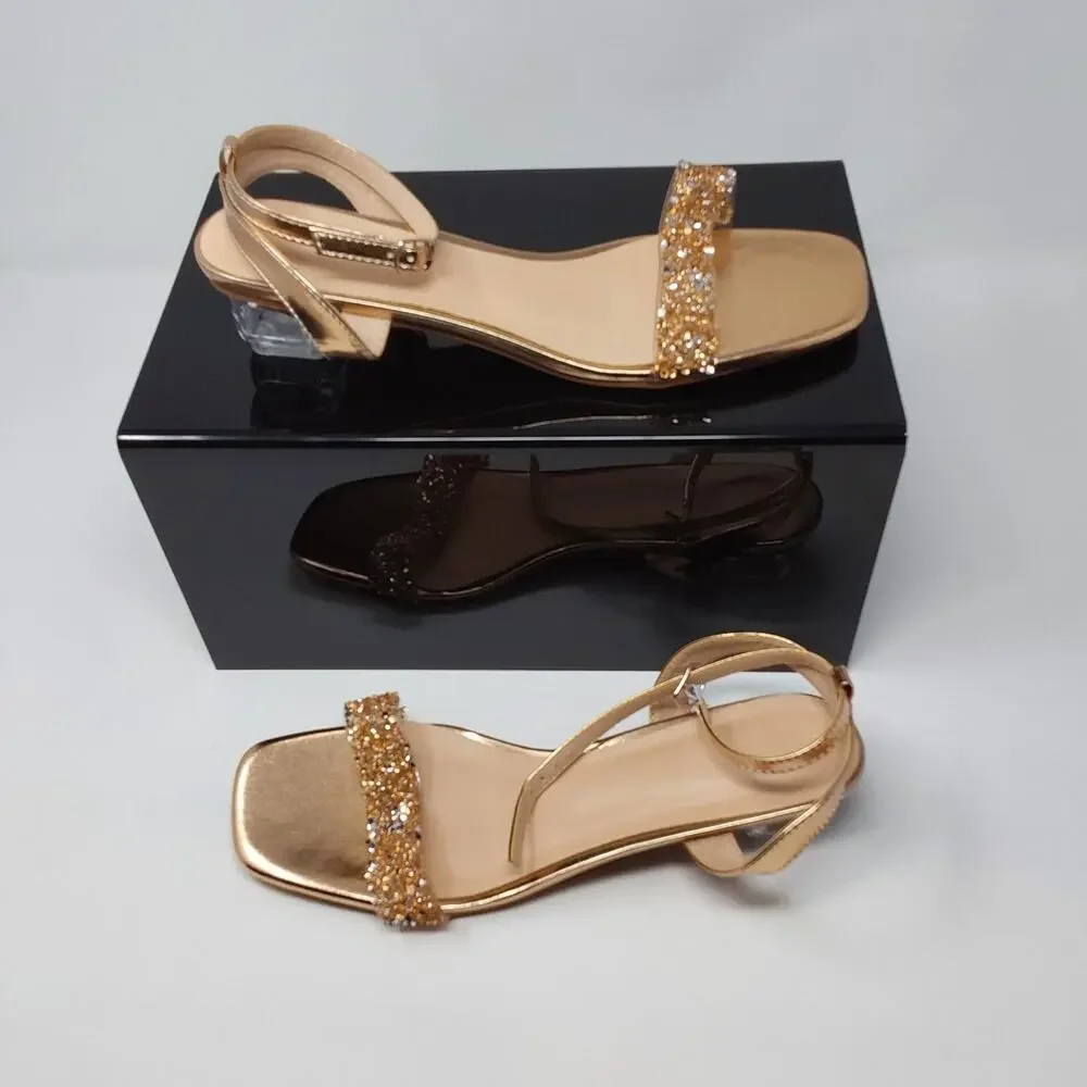 Womens Gold Rhinestone Sandals EU 42 Clear Block Heel Ankle Strap Dress Shoes